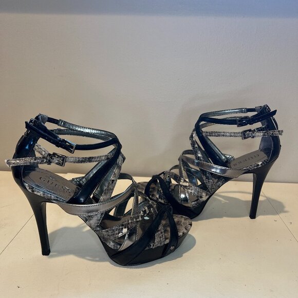 Like New Guess Black/Silver/Metallic Snakeskin Strappy Stiletto Heels, Size 8M - Picture 1 of 13
